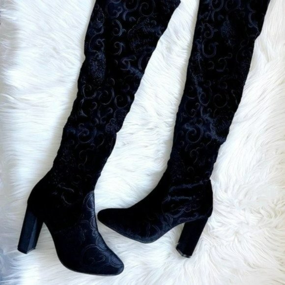 Black embroidered over the knee boots chunky block heel velvet - Picture 6 of 8